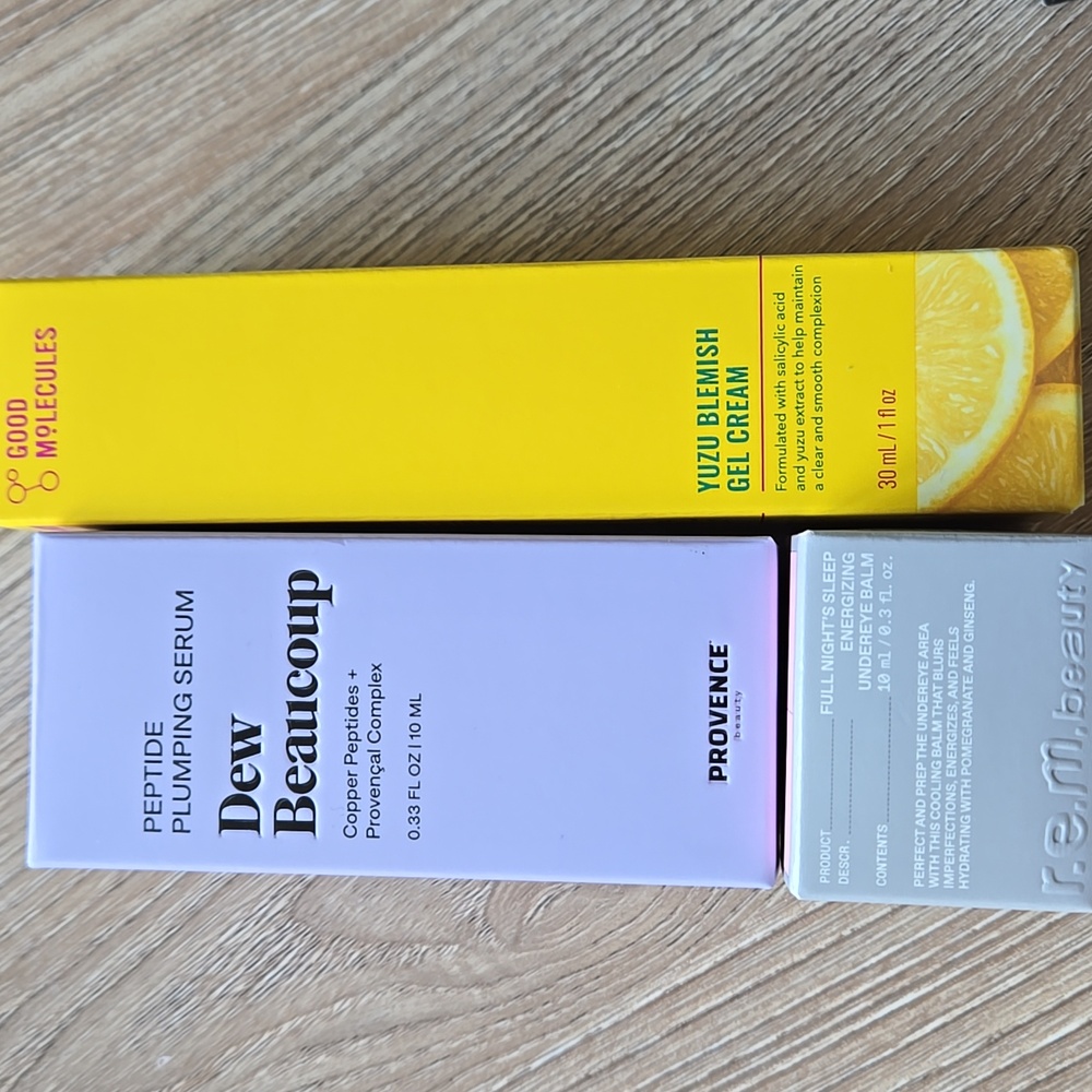 Good Molecules Yuzu Blemish Gel Cream,Provence Copper Peptide Serum,REM Undereye